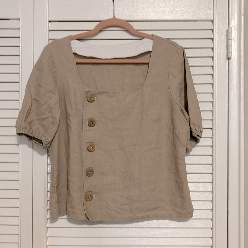 Handmade Button-Front Square Neck Linen Top